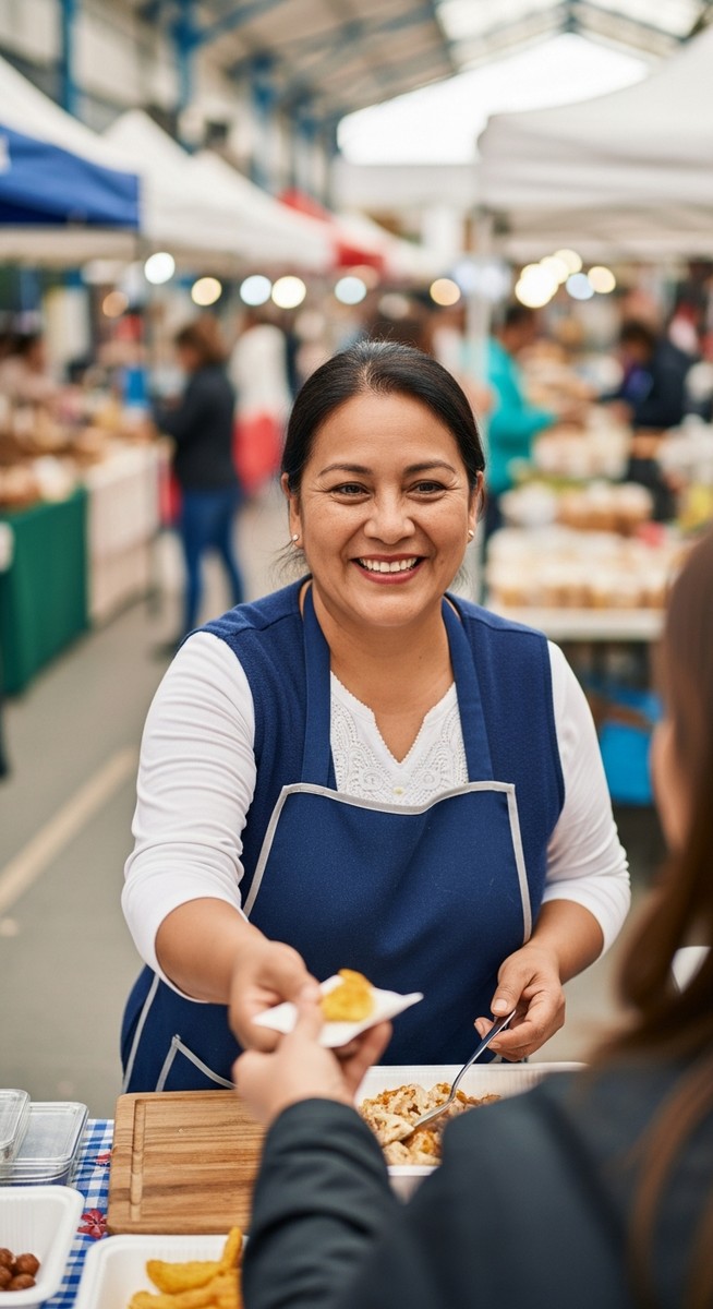 woman offering a food sample to a passerby at an outdoor market