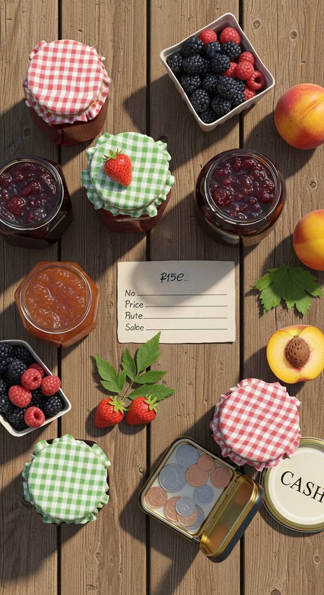 flatlay of homemade jam jars, fresh produce, a price card and a cash tin on a wooden surface