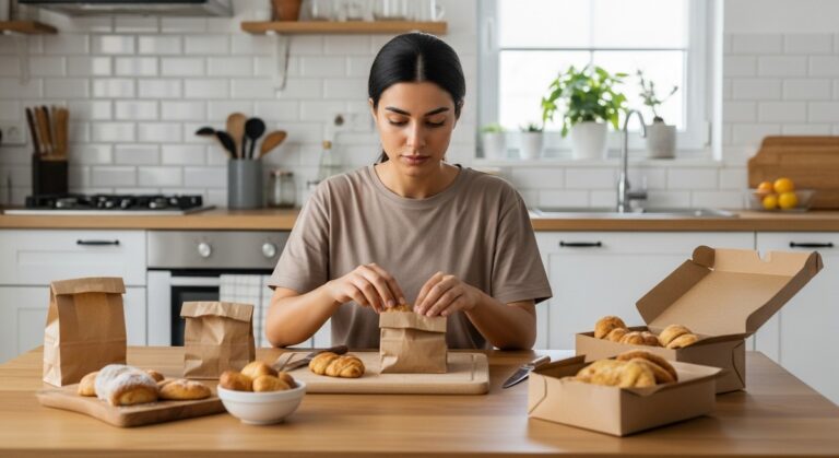 woman packaging homemade baked goods at a kitchen table ready for market