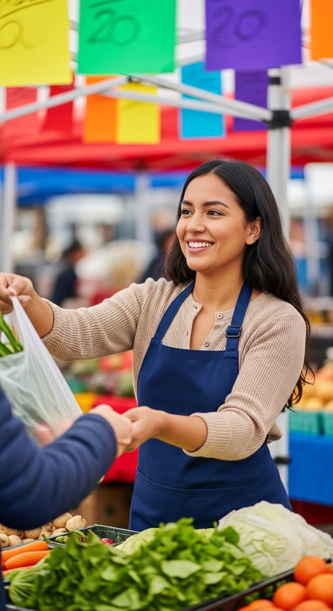 woman handing a bag of fresh produce to a customer at a farmers market