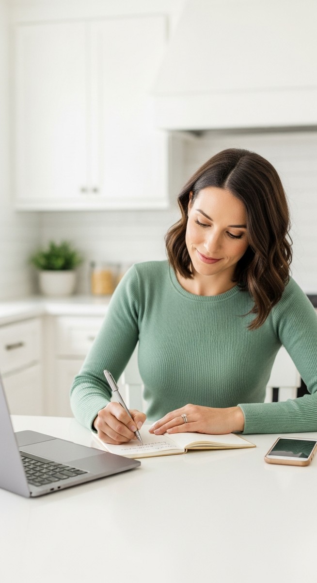woman planning her online side hustle income at a kitchen table