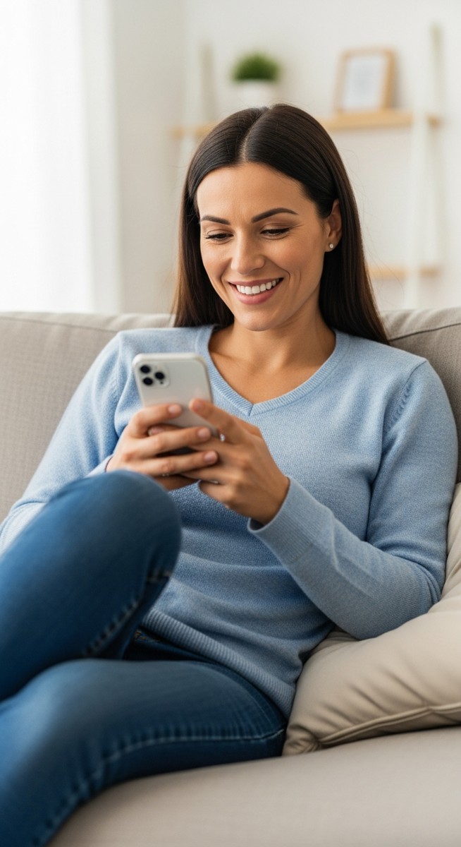 woman relaxing and managing her online income on her phone