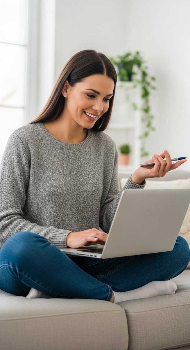 woman working confidently on her laptop on a sofa