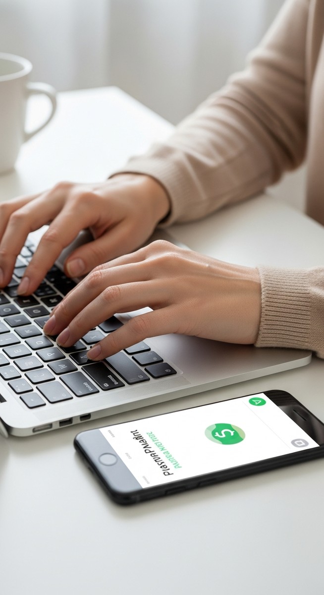 woman's hands typing on a laptop with a payment notification on her phone