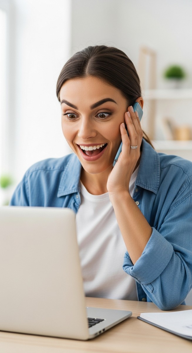 woman reacting happily to positive earnings on her laptop