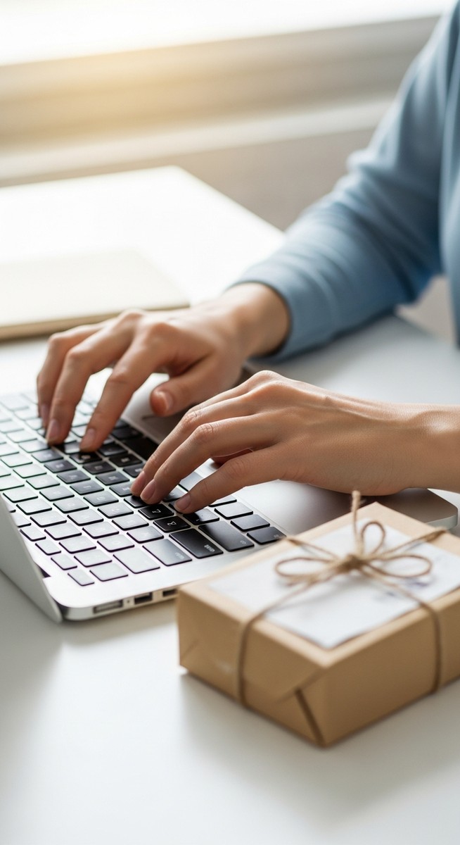 woman's hands typing on a laptop with a packaged parcel beside her