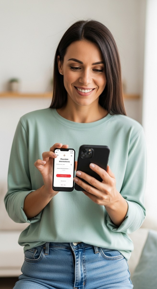 woman smiling at a payment notification on her phone