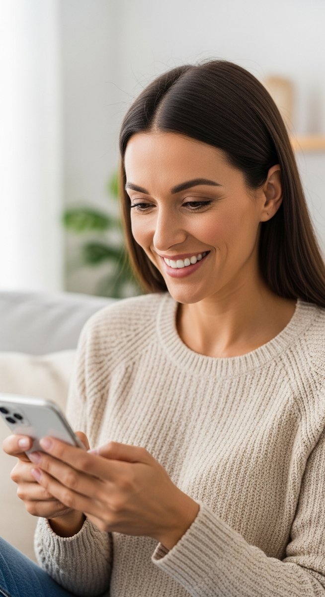 woman relaxing and checking her online listings on her phone