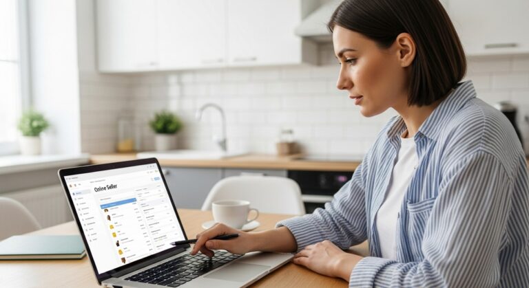 woman reviewing her online seller dashboard on a laptop