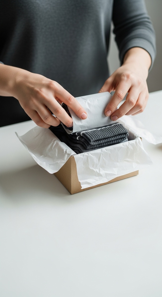 woman's hands wrapping socks she is selling in tissue paper ready to ship