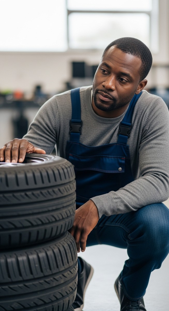 man crouching beside a stack of used tyres in a garage