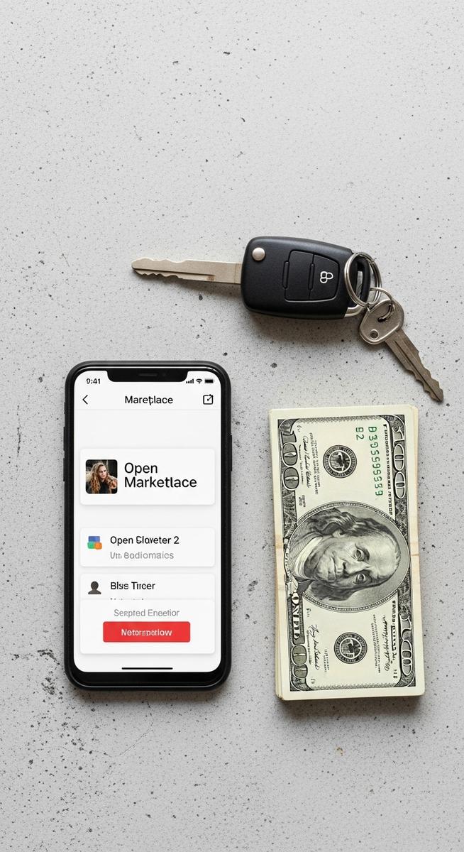 flatlay of a smartphone with a marketplace app, car keys and cash on a concrete surface