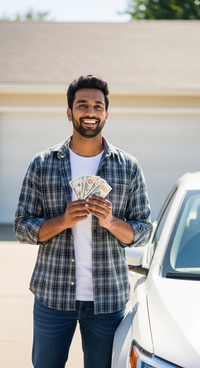man holding cash beside a car in a driveway with a satisfied expression