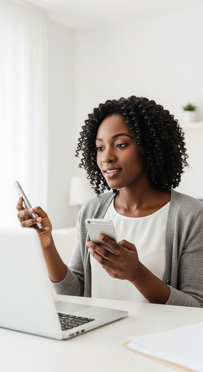 woman comparing listings on a laptop and smartphone at a home desk