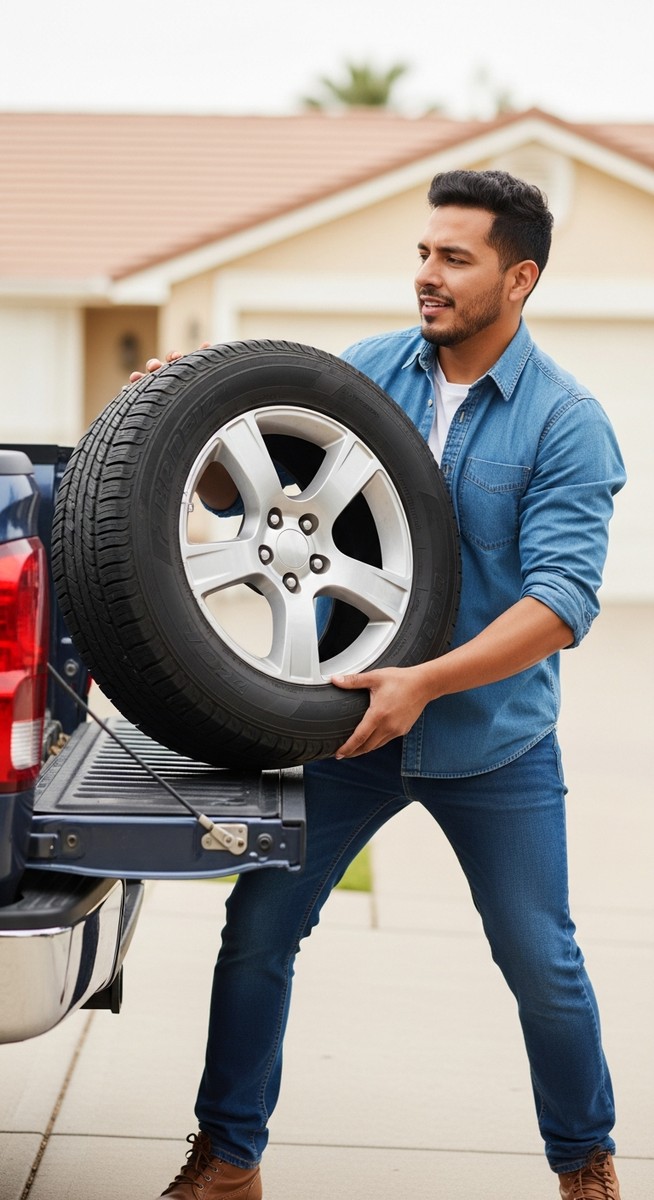 man loading a used tyre into the back of a truck in a driveway
