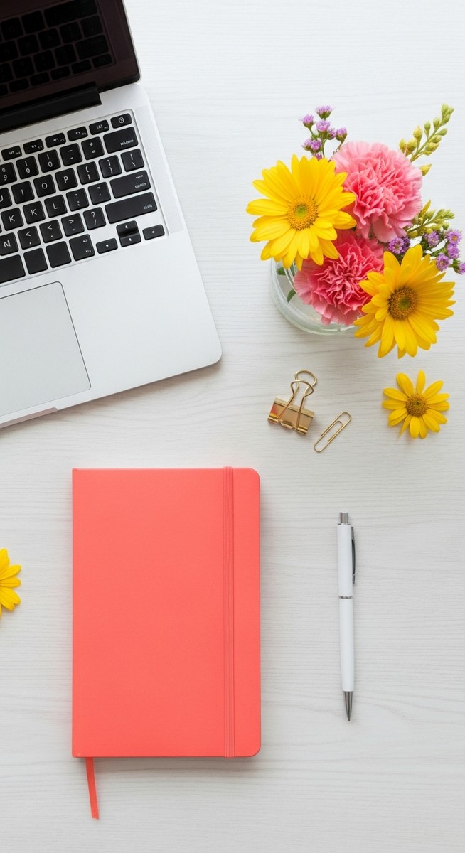 flatlay with laptop and other items on a white surface