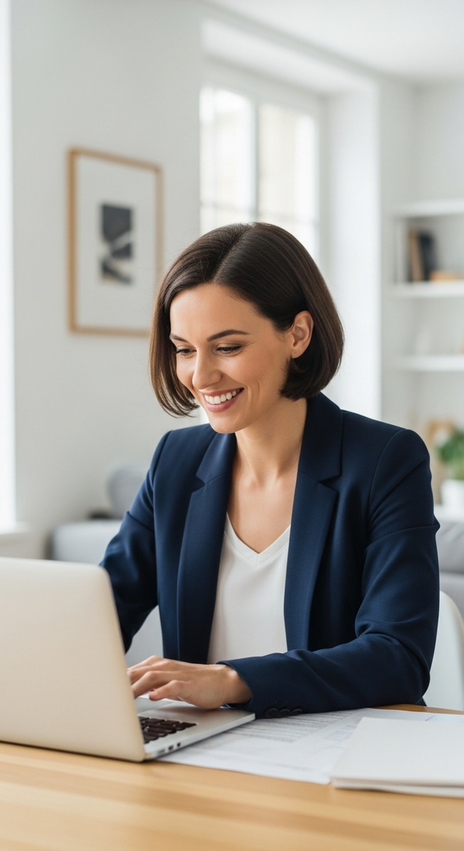 woman working confidently on her laptop at a bright home desk