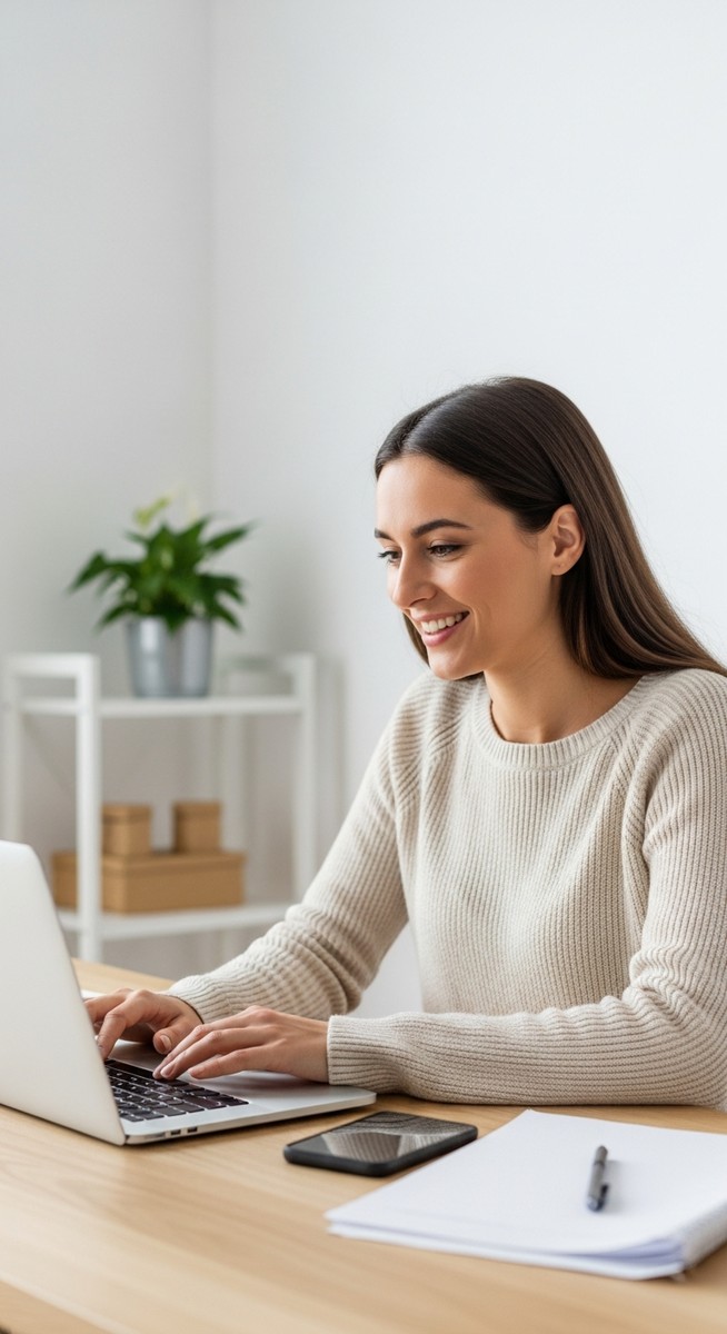 woman looking satisfied at her laptop screen at home