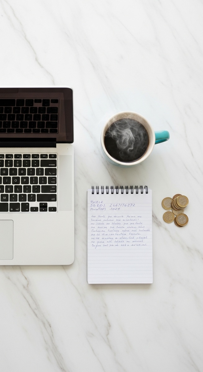 flatlay of a laptop and teal mug on a marble surface