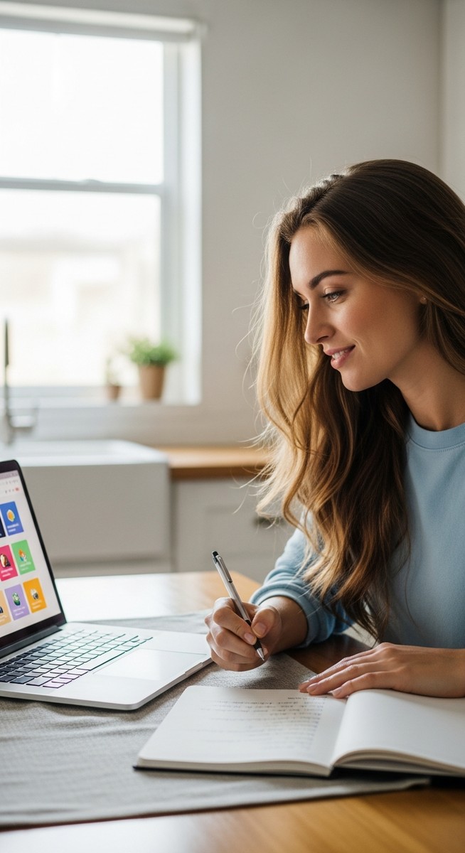 a young woman taking notes next to her laptop at a kitchen table for selling on Etsy