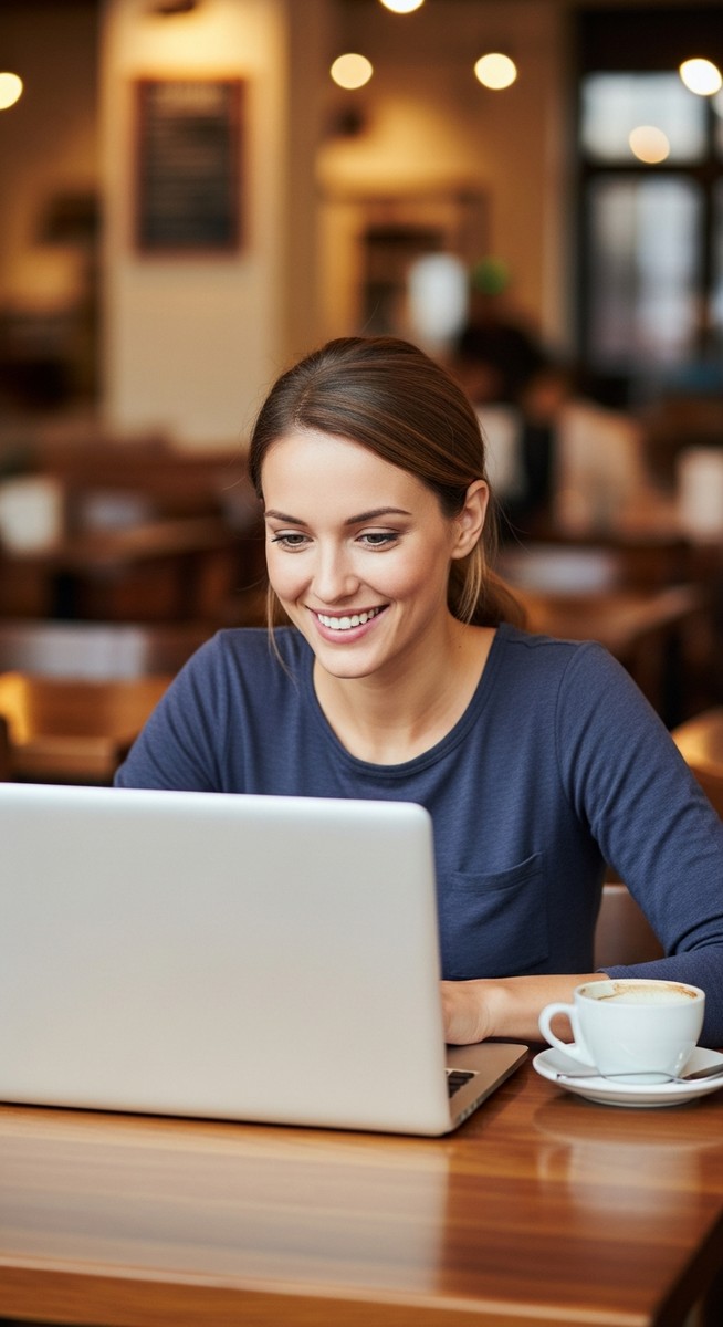 woman working happily on her laptop