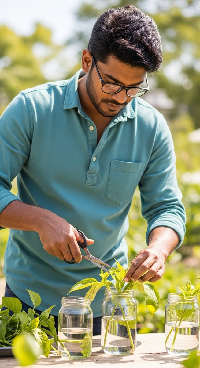 man taking plant cuttings and placing them in water jars in a bright garden