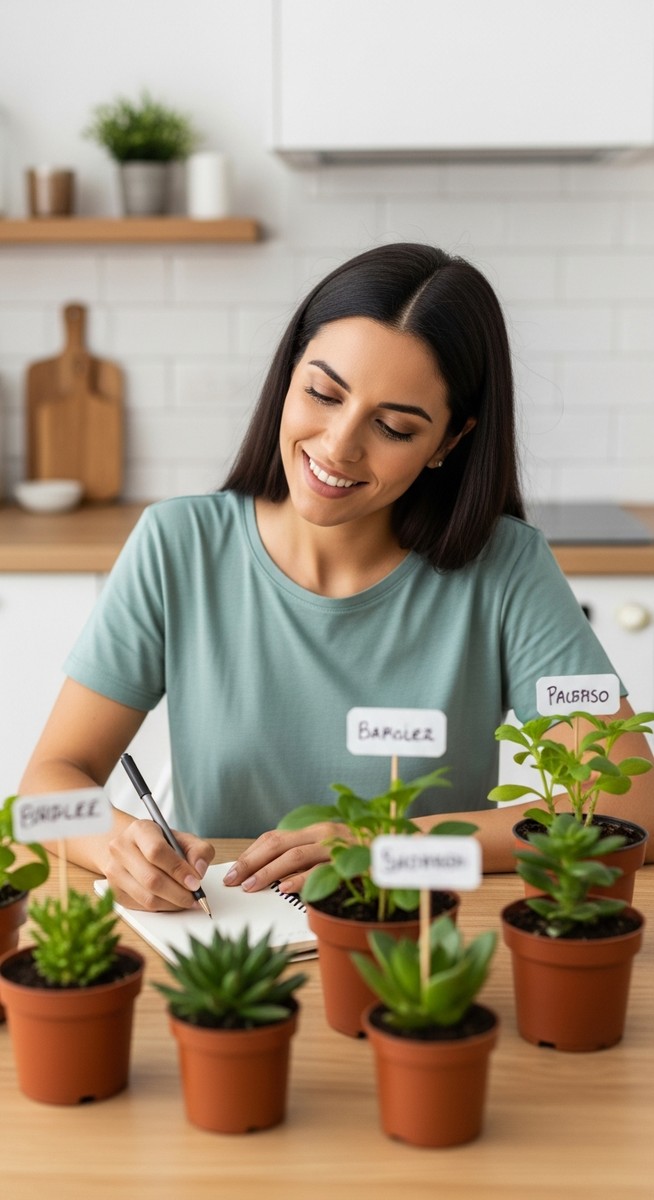 woman labelling small potted plants with handwritten tags at a kitchen table