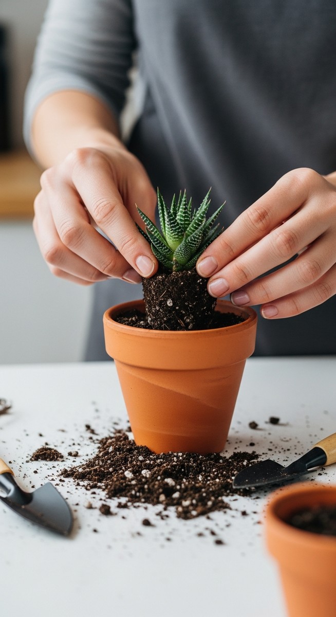 a hands placing a propagated succulent into a terracotta pot on a bright kitchen surface for selling on Etsy