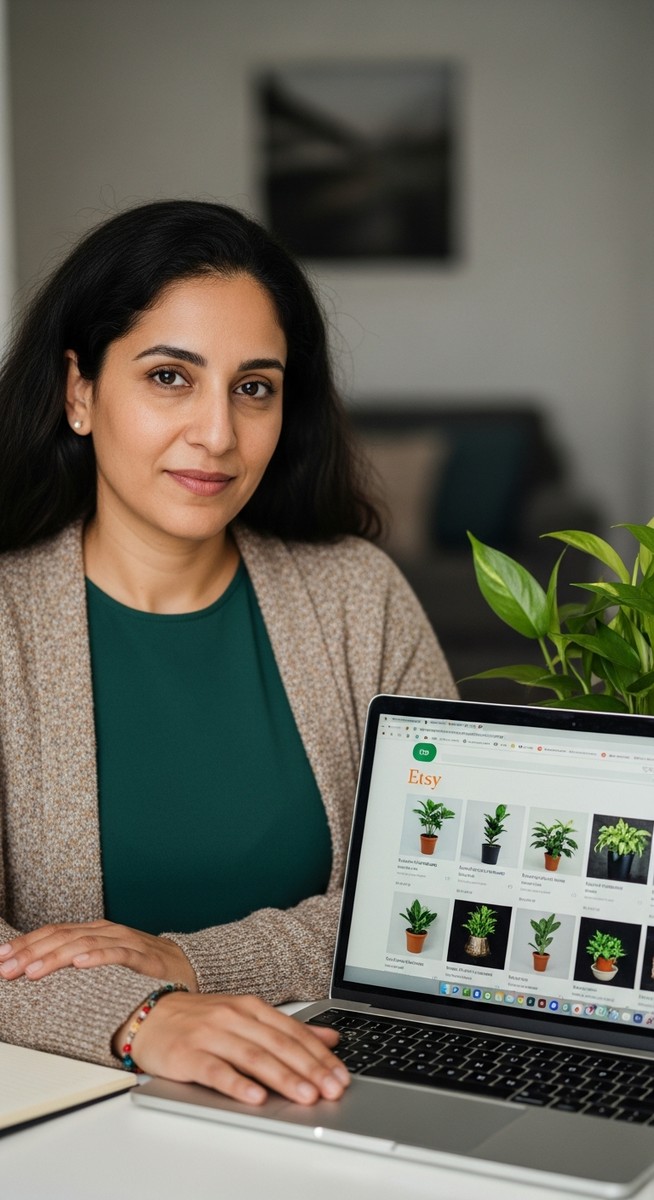 woman reviewing her Etsy plant shop on a laptop with a potted plant beside her