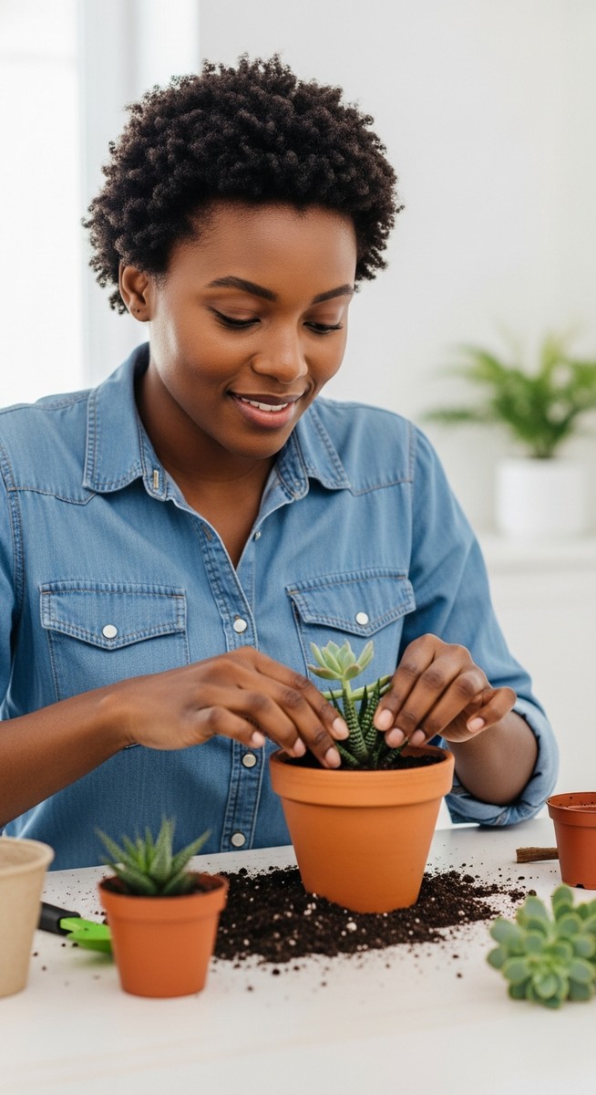 woman repotting a small succulent into a terracotta pot at a home table