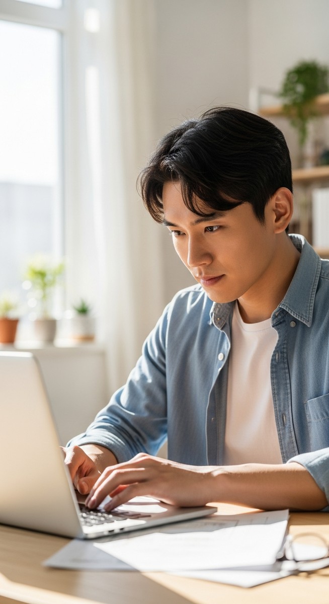 young man designing plant shop listings on a laptop at a home desk