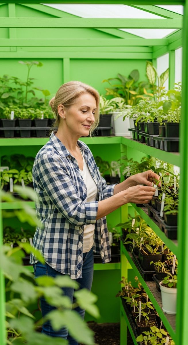 a woman tending to a collection of small plants on shelves in a garden room for selling on Etsy