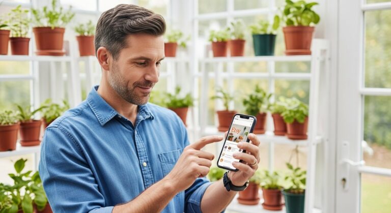 a man reviewing his Etsy plant shop on a smartphone surrounded by potted plants at home for selling on Etsy