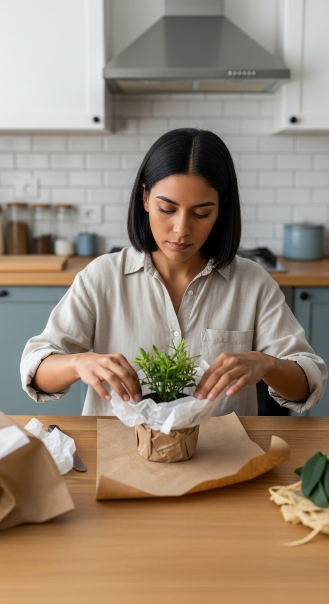 woman wrapping a small potted plant in tissue paper for posting at a kitchen table
