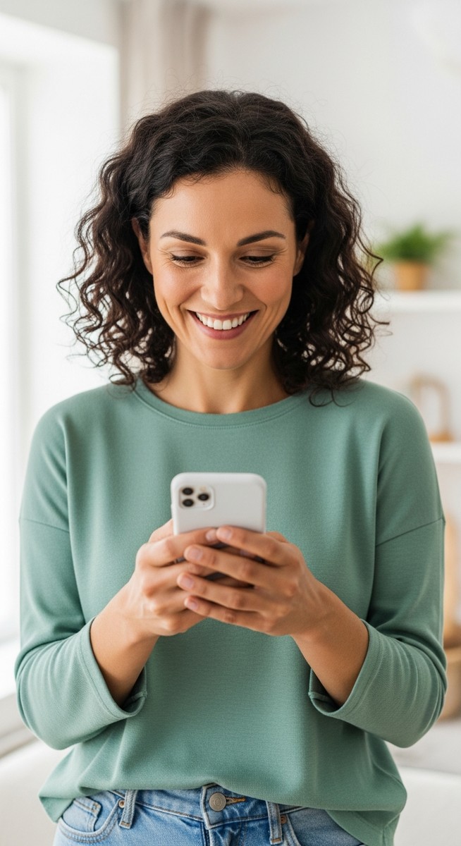 woman smiling at a positive notification on her phone