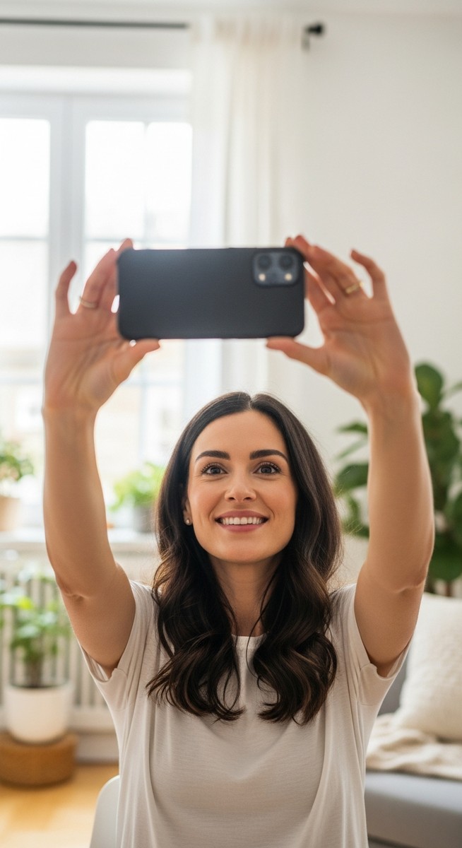 woman smiling as she takes a selfie with her phone