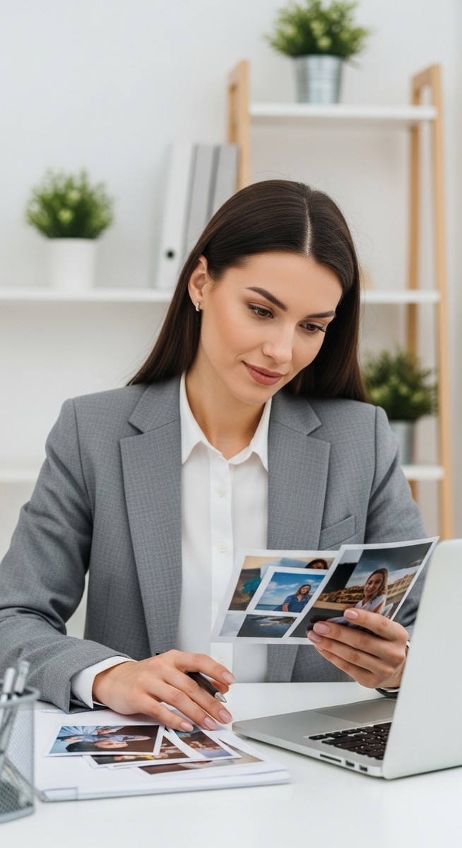 woman reviewing photos on her laptop at her desk
