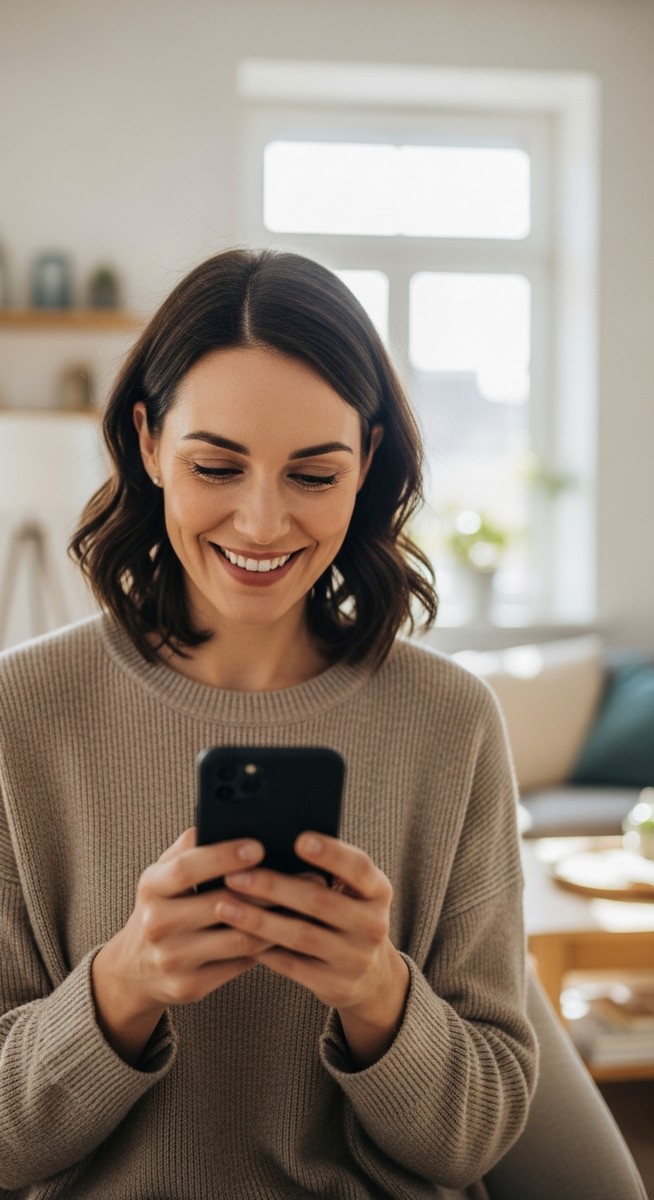 woman looking satisfied at earnings on her phone
