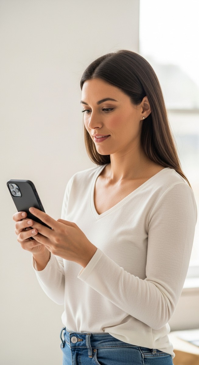 woman reviewing a photo on her phone in a bright room