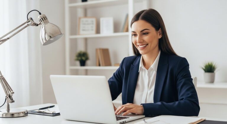 woman managing an online content business on her laptop