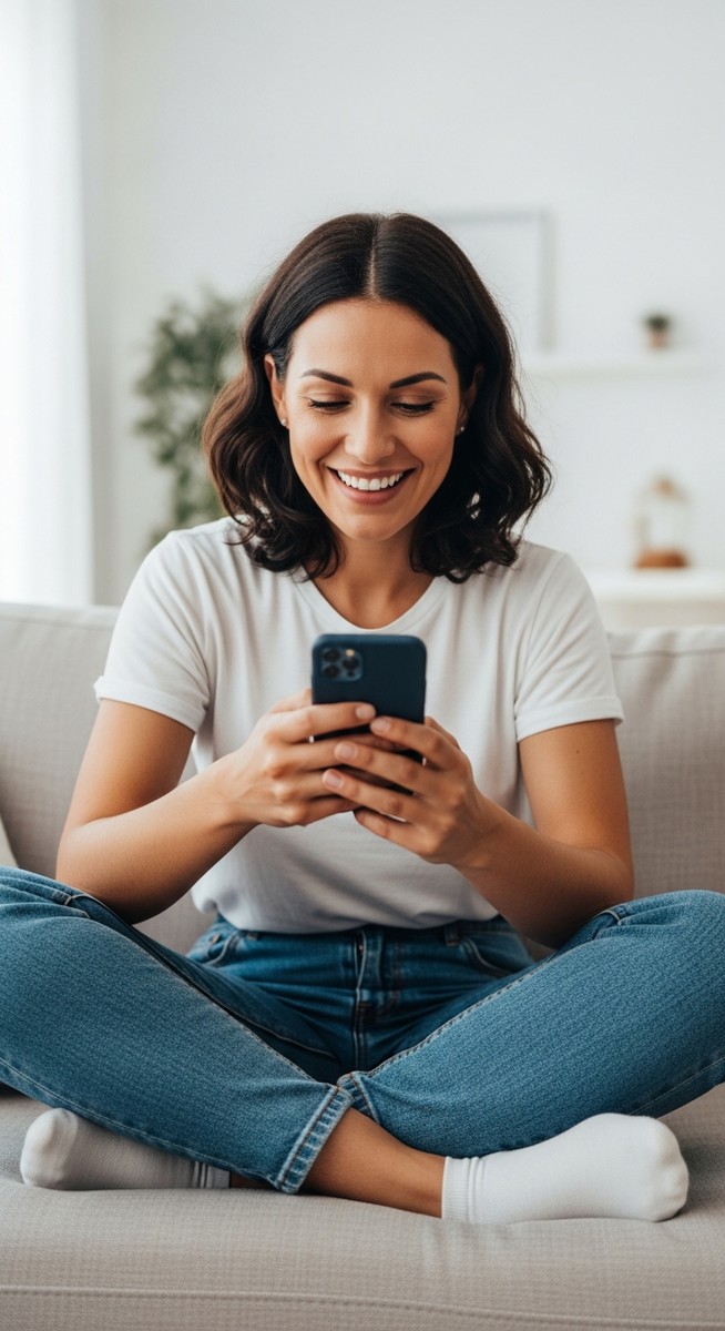 woman scrolling her phone and smiling on a sofa