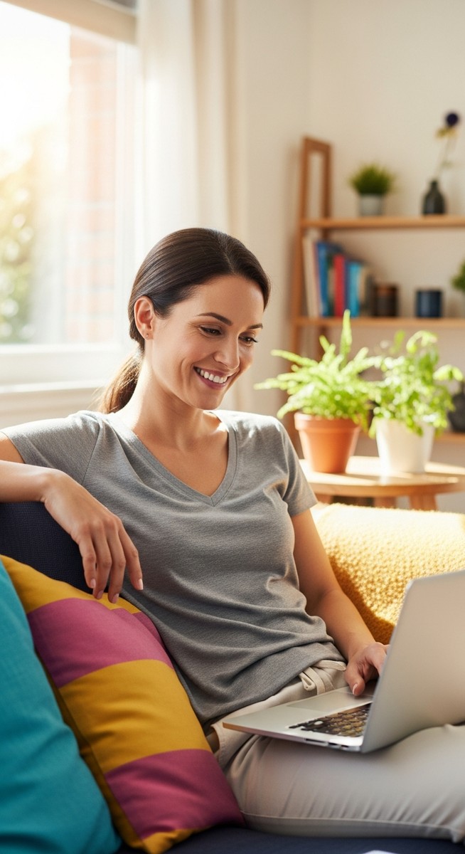 woman smiling while working on her laptop at home