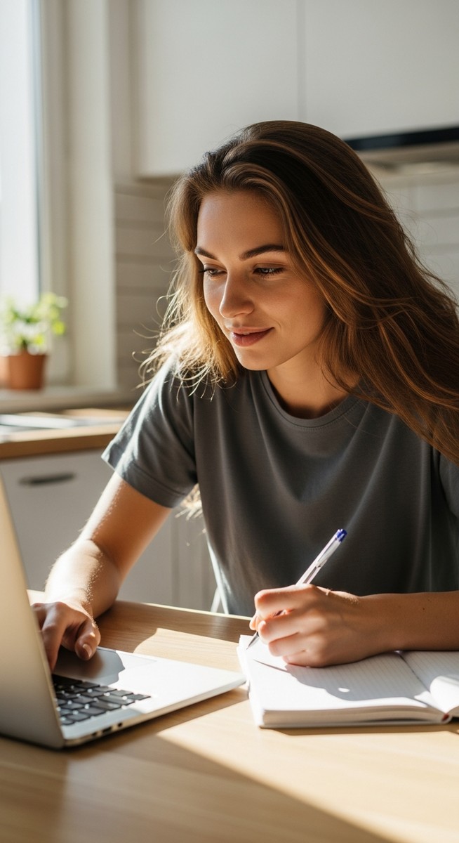 young woman taking notes next to her laptop at a kitchen table