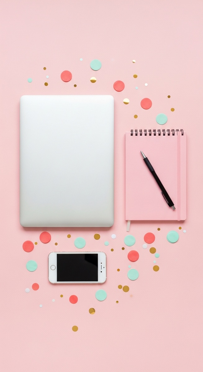 pink flatlay with laptop, notebook, and phone