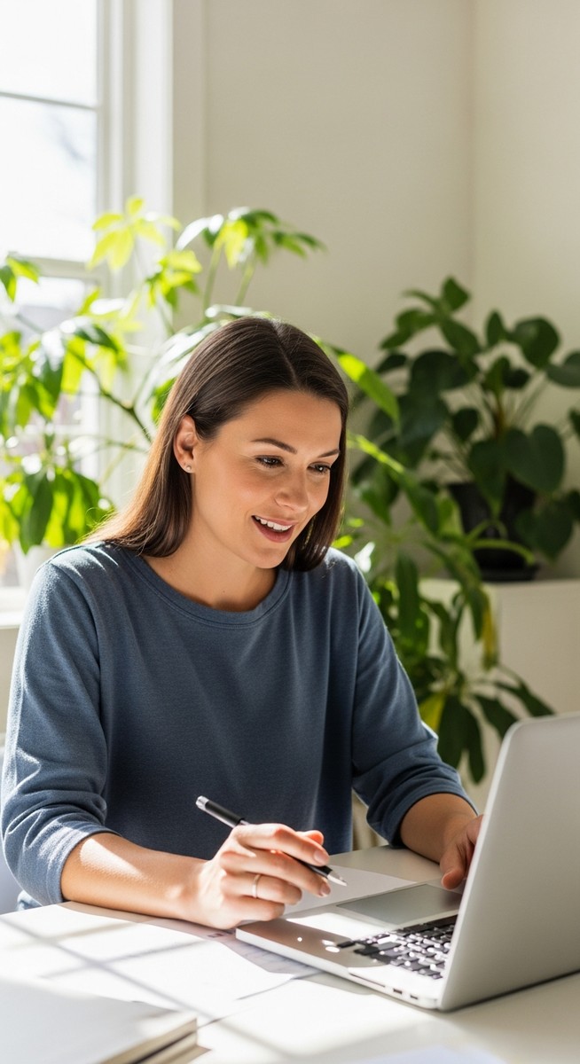 woman smiling and thinking at her home office desk