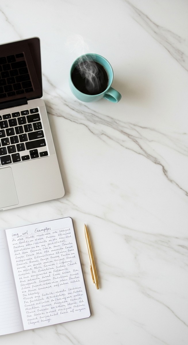 flatlay of a laptop and teal mug on a marble surface