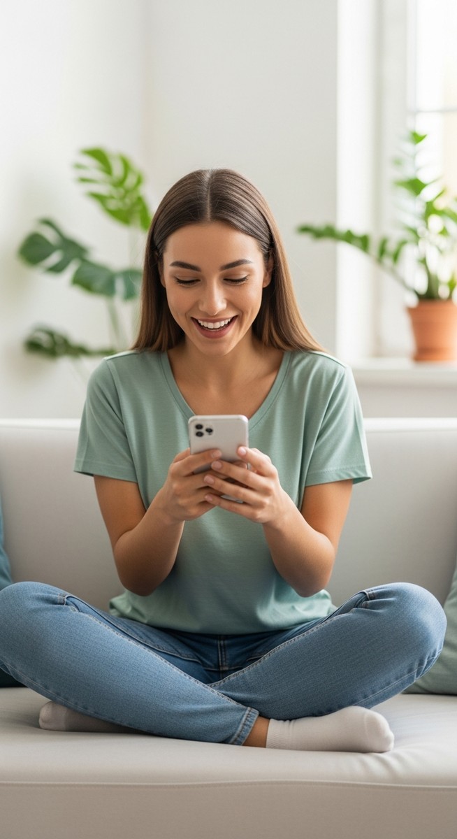 a woman smiling at her phone in a bright living room for nursing side hustles
