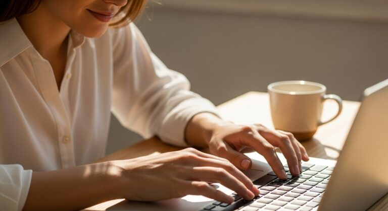 a woman typing on a laptop at a bright clean desk for nursing side hustles