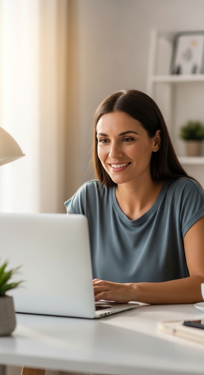 woman working confidently on her laptop at a bright home desk