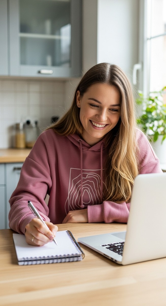 young woman taking notes next to her laptop at a kitchen table